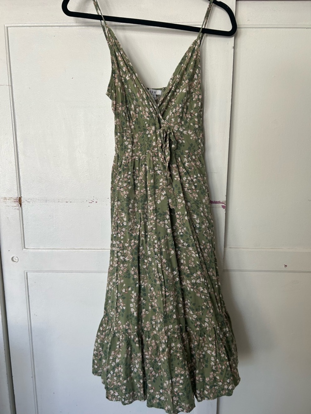 AUW Olive Green Floral Tie-Front Midi Dress